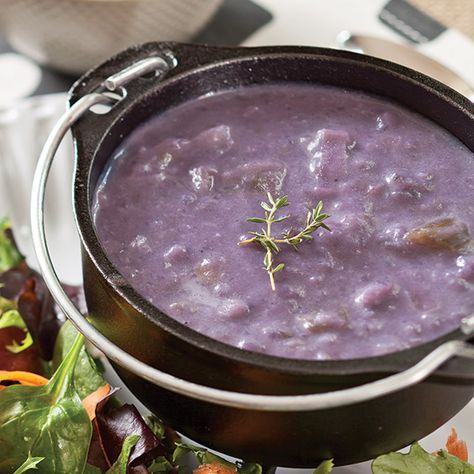 Purple Potato Soup is a delicious, fun recipe to serve at a ladies' Halloween party. Purple Potato Soup Recipe, Halloween Soup Recipes, Halloween Soup Ideas, Halloween Stew, Paula Deen Potato Soup, Halloween Soup, Anniversary Dinner Party, Halloween Bunco, Clue Game