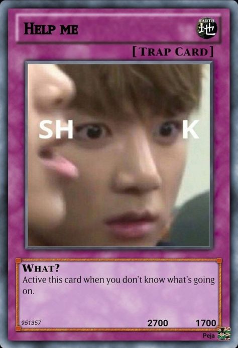 Yugioh Trap Cards, Trap Card, Mood Card, Funny Yugioh Cards, Bts Meme Faces, Bts Reactions, Bts Memes Hilarious, Yugioh Cards, Funny Kpop Memes