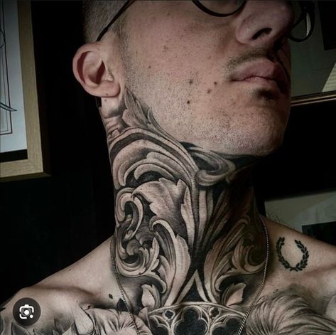 Black And Grey Neck Tattoo Men, Filigree Throat Tattoo, Black And Grey Neck Tattoo, Neck Tattoos Men Throat, Mens Throat Tattoo Designs, Greek Neck Tattoo, Ornamental Tattoo Neck, Filigree Neck Tattoo, Full Throat Tattoo Men