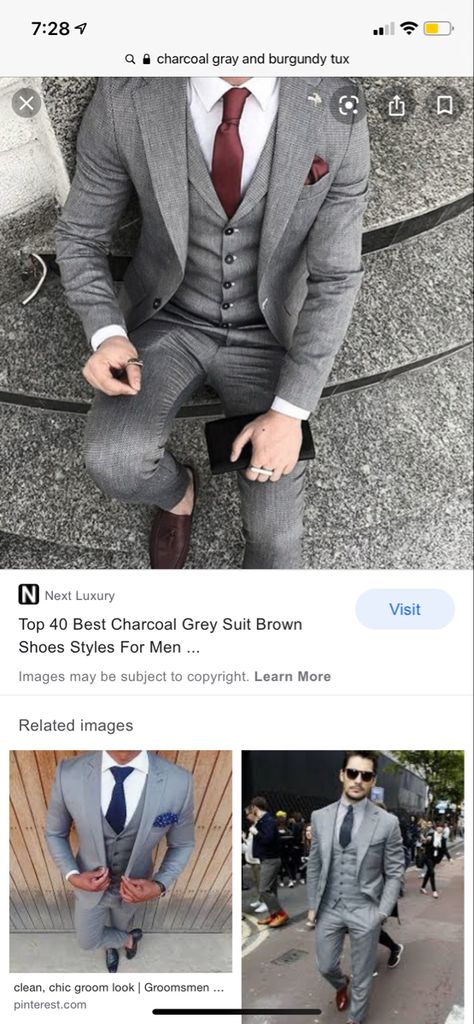 Gray Suit With Burgundy Tie, Grey Burgandy Suit, Grey Suit Red Tie, Grey Suit Brown Shoes, Burgundy Tux, Grad Suits, Gray Groomsmen Suits, Prom Tux, Suit For Men Wedding