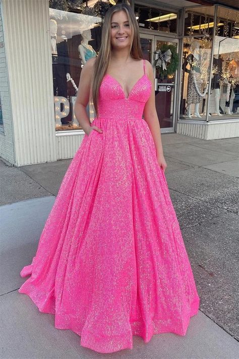 Miabel Hot Pink Sweetheart Sequins Spaghetti Strap Ball Gown Evening Dress With Backless Lulu Fits, Backless Ball Gown, Hot Pink Prom Dress, Prom 2024, Prom Dresses With Pockets, Spaghetti Strap Prom Dress, Custom Prom Dress, V Neck Prom Dresses, Sequin Formal Dress