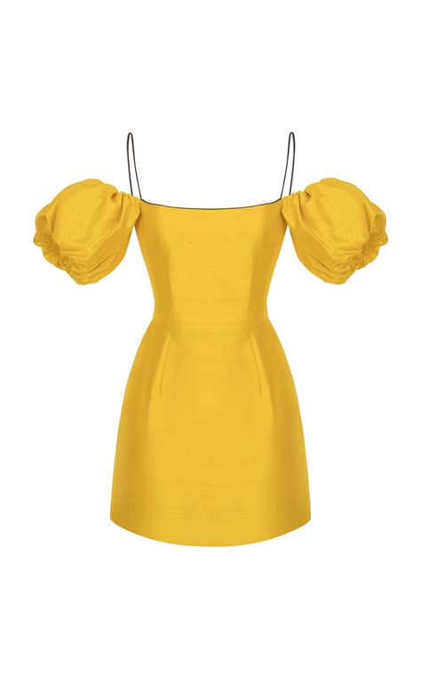 Puff-Sleeve Silk Mini Dress by Rasario SS19 Cute Yellow Dresses, Afrikaanse Mode, Gaun Fashion, Puff Sleeve Mini Dress, Look Retro, Yellow Outfit, Solid Color Dress, Silk Gown, Sleeve Pattern