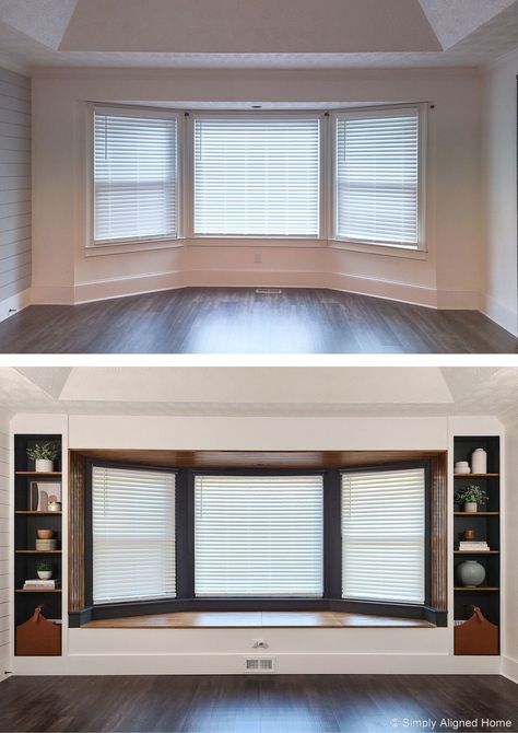 HOW TO BUILD A MODERN BAY WINDOW BENCH WITH STORAGE - PART II Built Ins Around A Window, Small Bay Window Ideas, Bay Window In Dining Room, Living Room Window Ideas, Window Bench With Storage, Bay Window Bench, Modern Bay Window, Duplex Interior, Bay Window Bedroom