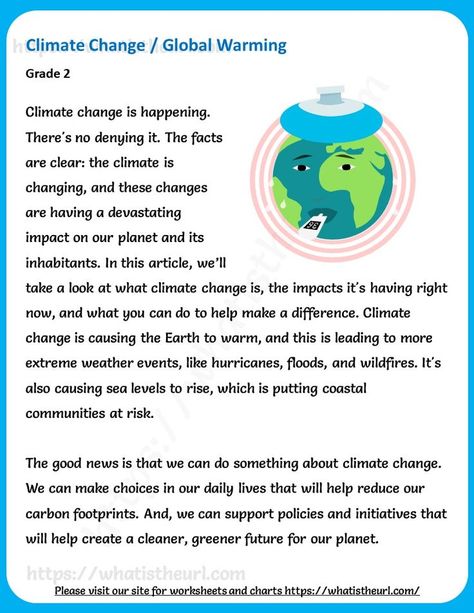 This worksheet is for Grade 2 students on a reading comprehension.  It may look big and hard.  So, if you want you can use it for higher grades too.Please download the PDF Climate Change – Reading Comprehension Grade 2 Science Reading Comprehension, 2nd Grade Reading Comprehension, Weather Vocabulary, Reading Comprehension For Kids, Reading For Beginners, Extreme Weather Events, Homeschool Worksheets, 2nd Grade Worksheets, English Reading