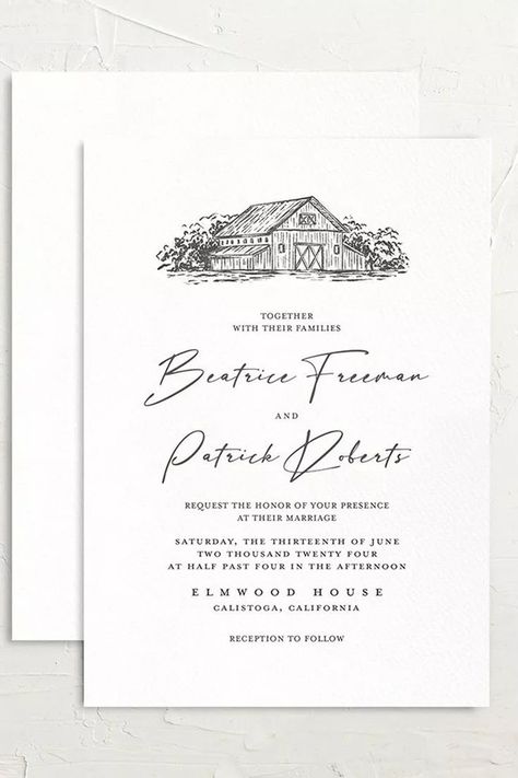 You can almost smell the crisp country air. These wedding invitations feature a romantic illustration of a mountain setting, rustic vineyard or traditional barn. Just like your partnership, these cards hint at adventures yet to be had, beauty to be explored, and moments to be cherished. You and your partner will see your bold yet down-to-earth spirits reflected in the naturalistic font and minimalist aesthetic that characterize these understated invitations. Jojo And Jordan, Exclusive Wedding Invitations, Romantic Illustration, Classic Romantic Wedding, Barn Wedding Invitations, Traditional Wedding Invitations, Country Wedding Invitations, Wedding Invitations Romantic, Minimalist Wedding Invitations