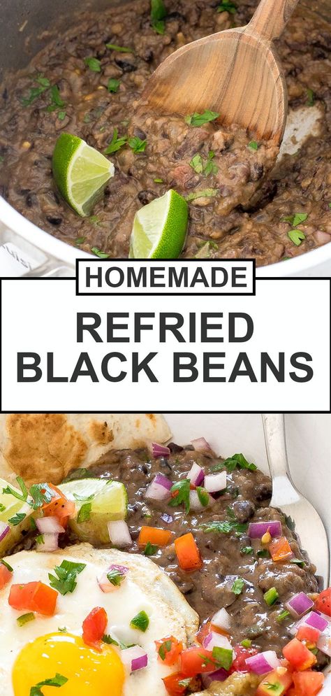 Double recipe (use one can of black black beans and one can of refried), don’t double chili pepper, no added salt, add can of mild rotel. Use vegetable broth instead of chicken Refries Black Beans Recipe, Homemade Refried Black Beans, Refried Beans Recipe Easy, Mexican Beans Recipe, How To Make Beans, Refried Black Beans, Make Refried Beans, Mexican Favorites, Homemade Refried Beans