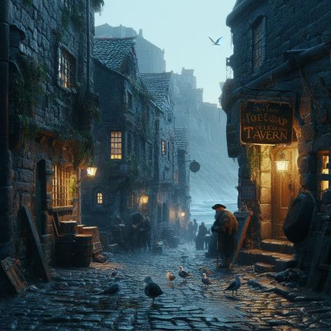 Poor City Aesthetic, Fantasy Poor City, Dnd City Art, Victorian City, Dark Village Fantasy Art, Dnd City, Fantasy Western Town, Rpg City, Ruined Town Fantasy Art