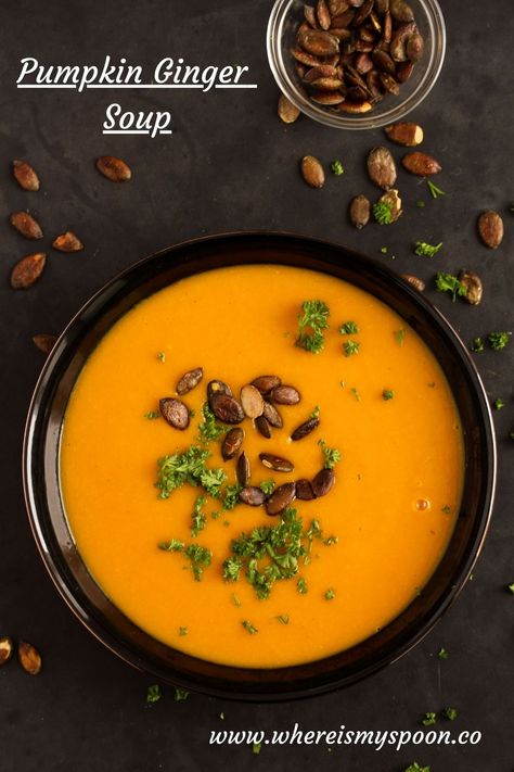 Pumpkin Ginger Soup, Pumpkin Butternut Squash Soup, Pumpkin And Ginger Soup, Pumpkin Soup Recipe Easy, Spicy Pumpkin Soup, Pumpkin Bisque, Butternut Soup, Ginger Soup, Pumpkin Soup Recipe