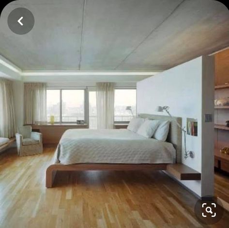 Bed With Walk In Closet Behind, Room Divider Behind Bed, Bed Surrounded By Wardrobe, Bedroom Walk In Closet Behind Bed, Bed In The Middle Of The Room Ideas, Walk In Wardrobe Behind Bed, Bed In Middle Of Room, Wardrobe Behind Bed, Open Bedroom