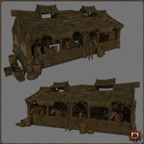 Medieval_Stables is all UVW mapped, contains all bumps, textures, speculars and opacity's maps. Perfect for medieval scenes or to complete your medieval collection. Ground, objects and animals (hen and horse) are INCLUDED !! All objects and animals visible in the promotionnal pictures are included !! INTERIOR INCLUDED WITH A COMPLETE FURNISHING !! WINDOWS AND DOOR ARE INCLUDED AND OPENABLE !!  -Interior included with complete furnishing!! -Include speculars,textures,bumps and opacity'... Stable Concept Art, Medieval Horse Stable, Fantasy Stables, Medieval Barracks, Medieval Stable, Royal Stables, Medieval Cottage, Medieval Horse, Sims Medieval