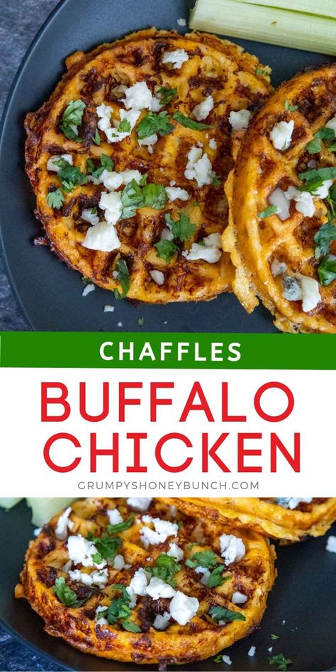 Two chaffles on a black plate topped with crumbled blue cheese and chopped cilantro Canned Chicken Waffle Maker, Recipes For Mini Waffle Maker, Chaffle Recipes Easy Breakfast, Chaffels Recipes, Chicken Chaffles, Chicken Chaffle, Chicken Waffles Recipe, Waffle Brunch, Octavia Recipes