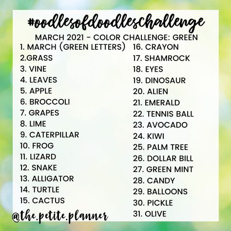 March Drawing Challenge 2021 - Color GREEN Theme with Printable! March Drawing Challenge 2024, March Drawing Challenge, Monthly Challenge Ideas Fun, March Drawing Prompts, March Drawing Ideas, March Prompts 2024, Artist Prompts, May Doodle Challenge, March Doodle Challenge