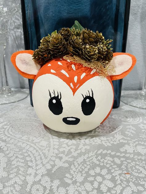 Pumpkin Painting Ideas - Created by Briana Salazar Bunny Pumpkin Decorating, Squirrel Pumpkin Painting, Painted Fox Pumpkin, Deer Pumpkin Painting, Fox Pumpkin Painted, Cow Pumpkin Painting Ideas, Fox Pumpkin, Pumpkin Painting Ideas Cow, Preschool Halloween Party