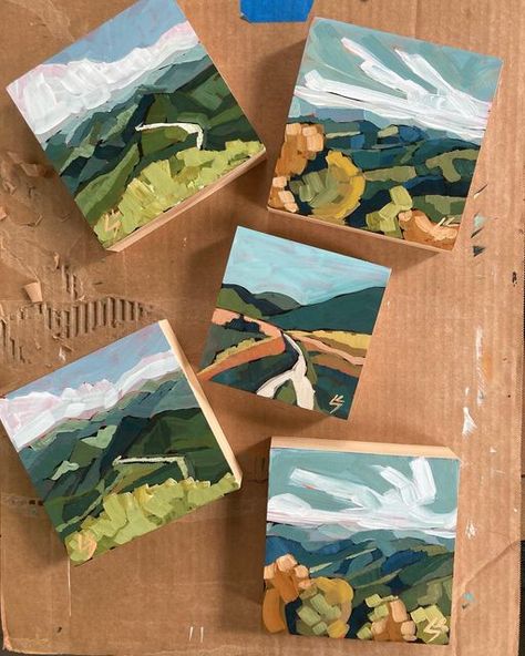 Painting On Blocks Of Wood, Tiny Art Ideas, Tiny Paintings Ideas, Mini Landscape Paintings, Mini Paintings Ideas, Mini Art Ideas, Wood Block Painting, Adult Art Projects, Himi Gouache