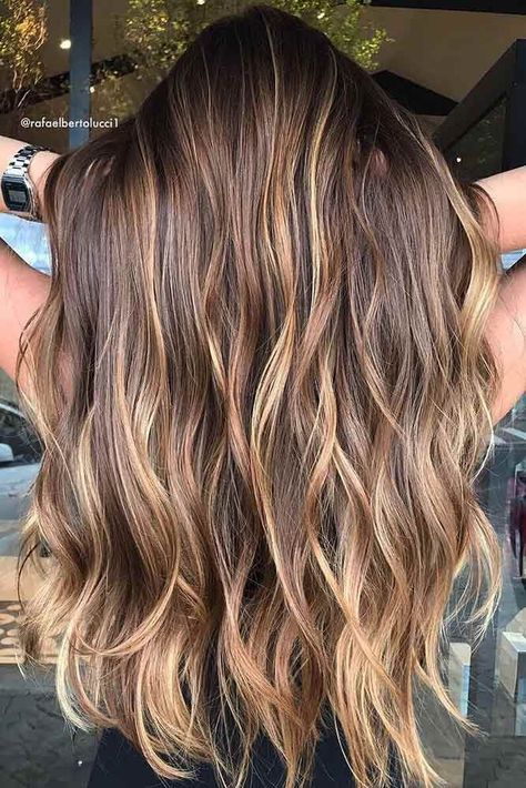 Color Meld Hair, Lowlights For Highlighted Hair, Long Brown Hair With Highlights And Layers, Caramel Blond Balayage, Light Brown Hair With Honey Highlights, Brunette With Caramel Highlights Honey, Beachy Brown Hair, Light Brown Hair With Caramel Highlights, Brunette Beach Hair