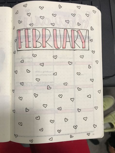 Planer Ideas Diy February, February White Board Ideas, February White Board Calendar Ideas, Bulett Journal Ideas February, February Calendar Ideas, February Mood Tracker, February Title Page, Jornal Idea February, Journal Themes February