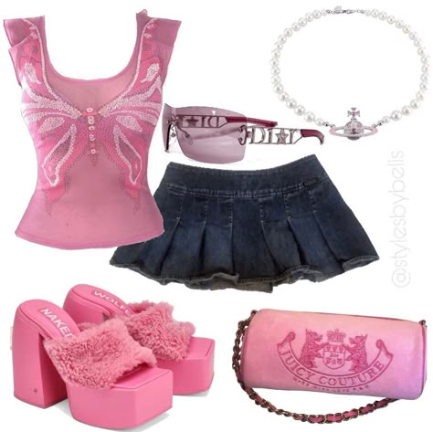 Y2k Girly Outfits Grunge, Barbie Outfit Inspo Aesthetic, Estilo Bratz, Barbie Fits, Mcbling Fashion, 2000s Outfit, Outfits 2000s, 2000s Outfits, Glam Metal