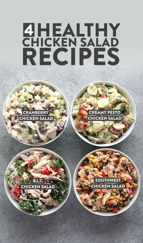 We're cooking up 4 delicious healthy chicken salad recipes, which are all made from a yogurt base and are excellent for meal prep. From southwest chicken salad to cranberry chicken salad, you are going to love all 4 of these delicious recipes! #chickensalad #healthy #salad #chickenrecipes #recipe #mealprep Chicken Salad Recipe Variations, Healthy Chicken Salad Sandwich Recipe, Chicken Salad Flavors, Chicken And Bean Salad, Pesto Chicken Salad Recipe, Chicken Bean Salad, Chicken Salad Variations, Meal Prep Chicken Salad, Sandwich Chicken Salad