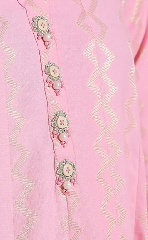 Neck Designs For Suits With Buttons, Button Work Embroidery, Tassel For Kurti, Embroidery Buttons Ideas, Fancy Buttons On Kurti, Buttons For Kurtis, Button Tassels, Gala Design, Simple Hand Embroidery Patterns