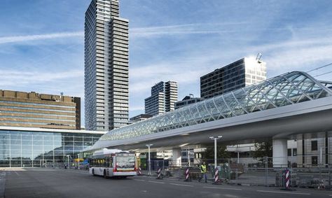 The new station features a sculptural roof that lends it a distinctive appearance but maintains a connection to the human scale. Buss Station Architecture, Bus Station Design Architecture, Rail Station Architecture, Transit Station Architecture, Transit Center Architecture, Light Rail Station, Rail Station, Human Scale, Glass Railing