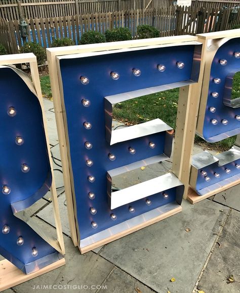 A DIY tutorial to build giant marquee letters. Make a statement with large marquee letters using my tutorial here. Marquee Sign Diy, Giant Marquee Letters, Large Marquee Letters, Diy Marquee Letters, Letters Diy, Lighted Marquee Letters, Galaxy Slime, Giant Letters, Light Up Letters