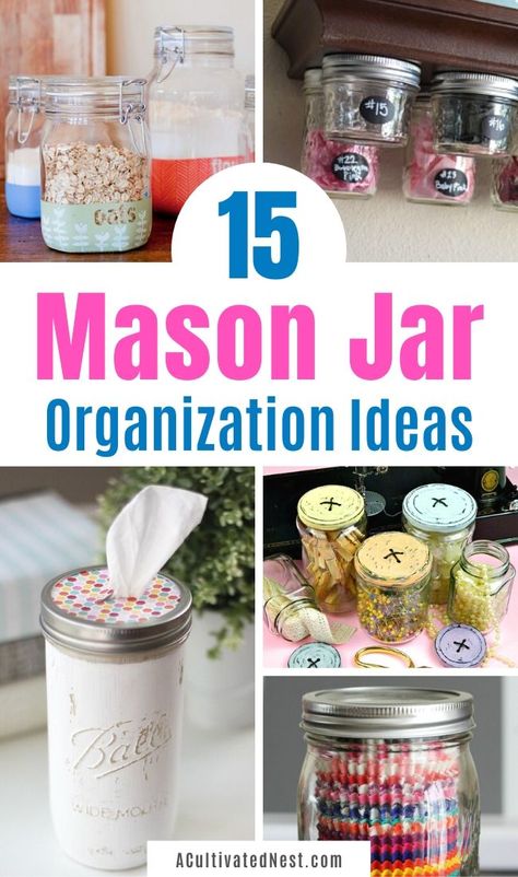 Jar Organization, Mason Jar Bathroom Organizer, Glass Jars Diy, Mason Jar Diy Projects, Mason Jar Organization, Mason Jar Storage, Paint Organization, Mason Jar Kitchen, Mason Jar Bathroom