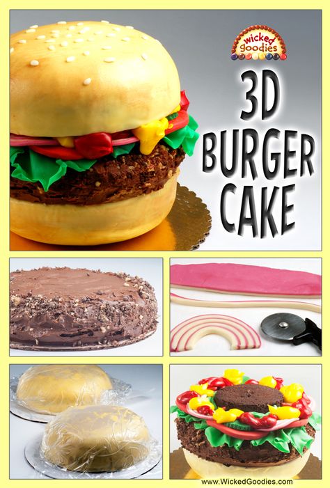 Wicked Goodies | How to Make a Hamburger Cake | https://www.wickedgoodies.net Hamburger Cake Tutorial, Cake Burger, Hamburger Cake Birthdays, Hamburger Birthday Cake, Burger Cake Birthday, Hamburger Cake Ideas, Cakes That Look Like Food, Cheeseburger Cake, Hamburger Cake