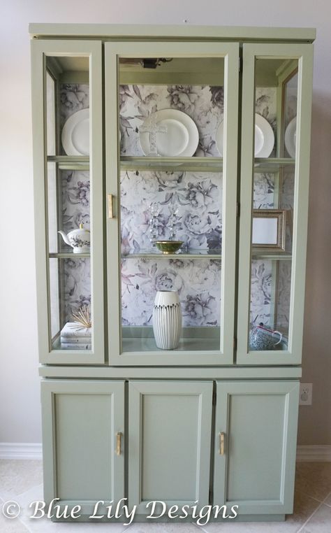 Dinning Room Cabinet, Painted Curio Cabinets, Refinished China Cabinet, Green China Cabinet, China Hutch Makeover, China Cabinet Redo, Modern China Cabinet, Dining Room Banquette, Floral Removable Wallpaper