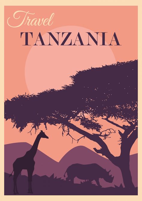 Tanzania, Africa Travel Poster Free Stock Photo - Public Domain Pictures South Africa Wallpaper, Tanzania Culture, Festival Illustration, Tanzania Africa, Acacia Tree, Free Printable Wall Art, Retro Travel Poster, Pink Sunset, Africa Travel