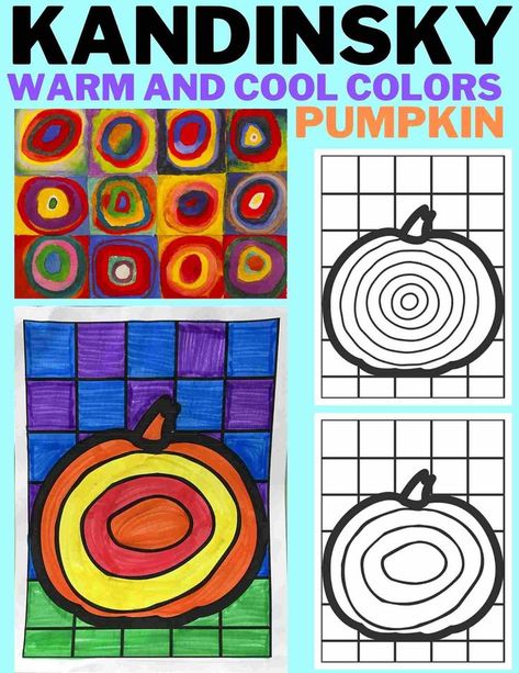 Kandinsky pumpkin coloring page Learn warm and cool colors! Have your students use markers, crayons, or colored pencils to complete this art project. I chose to do warm colors for the pumpkin and cool colors for the gridded background. Your students could choose any colors though! Kandinsky Art Projects, Color Art Lessons, Pumpkin Coloring, First Grade Art, Montessori Art, October Art, Kandinsky Art, 2nd Grade Art, Fall Art Projects