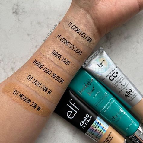 Elf Cc Cream Swatches, Elf Flawless Finish Foundation, Elf Highlighter, Highlighter Swatches, Foundation Swatches, Thrive Causemetics, E.l.f. Cosmetics, Makeup Swatches, It Cosmetics