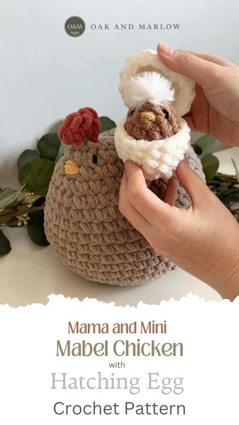 Mama and Mini Mabel Chicken with Hatching Egg crochet pattern. Create a sweet trio of chicks with this easy to follow Egg Crochet Pattern, Chicken Crochet Pattern, Egg Crochet, Hatching Egg, Chicken Crochet, Chicken Pattern, Mama And Mini, Crochet Pattern, Egg