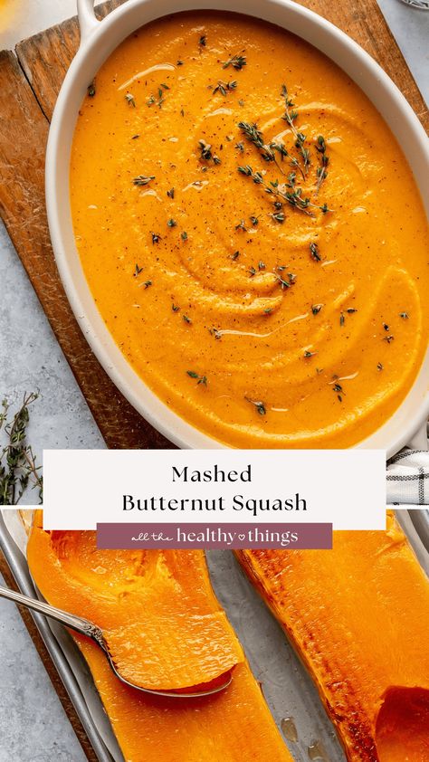 This Mashed Butternut Squash recipe is sweet, creamy, and full of warm spices for a flavorful side dish perfect for holiday celebrations and weeknight dinners! Citrus Herb Roasted Turkey, White Cheddar Mashed Potatoes, Mashed Squash, Savory Butternut Squash, Mashed Butternut Squash, Butternut Squash Cinnamon, Butter Mashed Potatoes, Crispy Baked Potatoes, Butternut Squash Recipe