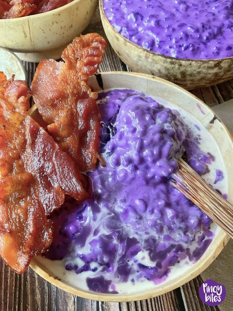 Ube Champorado, Coconut Milk Breakfast, Champorado Recipe, Yams Recipe, Bacon Fries, Sweet Rice, Purple Yam, Creamy Rice, Rice Porridge