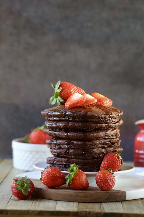 Vegan Double Chocolate Fluffy Pancakes #vegan #chocolate #pancakes #veganrecipes #oilfree | The Vegan 8 Aip Pancakes, Chocolate Pancake Recipe, Rich Chocolate Dessert, Breakfast Like A King, 3 Ingredient Pancakes, Chocolate Protein Pancakes, Chocolate Pancake, Healthy Chocolate Banana, Dark Chocolate Chip Cookies