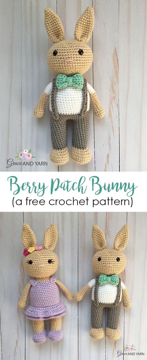 Berry Patch Bunny Boy Version - A Free Amigurumi Pattern - Grace and Yarn Grace And Yarn, Amigurumi Bunny Pattern, Berry Patch, Bunny Boy, Easy Knitting Projects, Crochet Bunny Pattern, Face Girl, Amigurumi Bunny, Boys Pattern