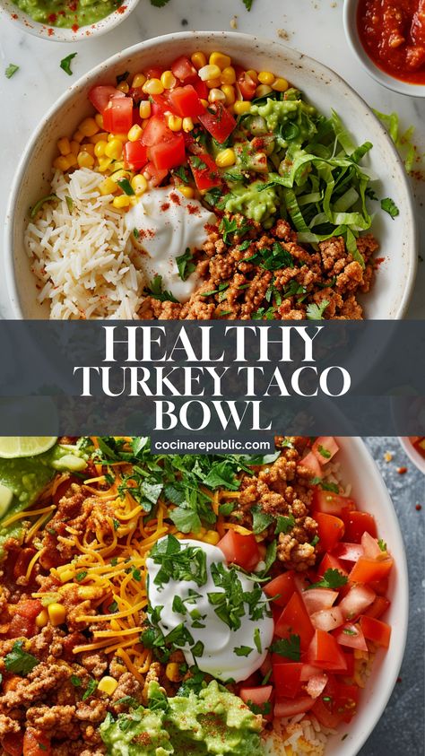 I love making this healthy turkey taco bowl when I want something easy and filling. It’s made with seasoned ground turkey, fresh veggies, and all your favorite taco toppings. If you’re planning a healthy taco night or looking for a twist on ground turkey Mexican bowl recipes, this is perfect. It’s a great option for clean eating protein meals and works well for anyone looking for heart healthy tacos. You can even mix it up by using the turkey in turkey burger meal ideas or as part of your favorite 21day Fix recipes. It’s simple, tasty, and perfect for any weeknight! Turkey Meat Bowls, Healthy Taco Rice Bowls, Low Carb Taco Bowl Meal Prep, Turkey Taco Salad Meal Prep, Mexican Turkey Bowl, Turkey Taco Bowls Healthy, Healthy Dinner Recipes With Turkey Meat, Ground Turkey Chipotle Bowl, Ground Turkey Mexican Bowl