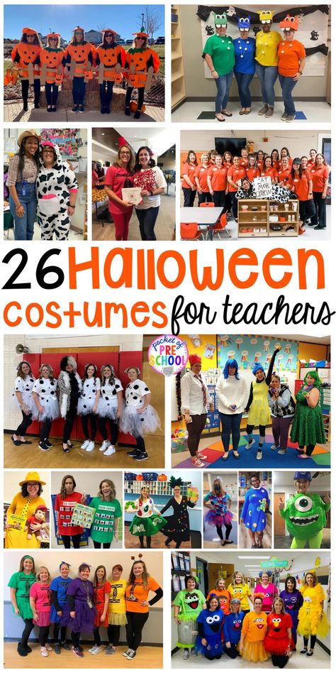 26 adorable and easy Halloween costumes for teachers. #preschool #prek #kindergarten #teachercostume #Halloweenteachercostumes Teacher Halloween Costumes Group, Halloween Costumes For Teachers, Costumes For Teachers, Team Halloween Costumes, Buffet Halloween, Storybook Character Costumes, Décoration Table Halloween, School Halloween Costumes, Office Halloween Costumes