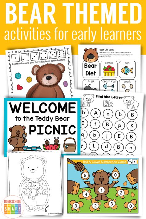 Bear Activities for Preschoolers (and Kindergarteners) - Homeschool Share Bear Centers Preschool, Bear Unit Kindergarten, Teddy Bear Day Kindergarten, Bear Unit Preschool, Preschool Bear Theme, Teddy Bear Preschool Activities, Preschool Bear Activities, Bears Preschool Activities, Bears Preschool Theme