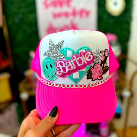 Nwt - Otto - Barbie - Patch Trucker Hat W/Removeable Silver Chain - Adjustable Snap Back! Handmade By Me! #Barbie #Icon Barbie Trucker Hat, Trucker Hat Patches, Diy Trucker Hat Ideas, Barbie Patch, Trucker Hat Diy, Painted Trucker Hats, Custom Hat Ideas, Trucker Hats With Patches, Trucker Hat Ideas