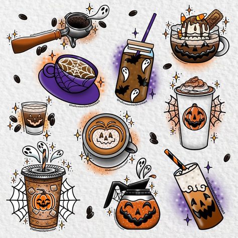 Vincent Maddox | Not all, but most of the Halloween coffee designs I’ve done! 🤎☕️ Each one is available as tattoo tix! . . . #coffeetattoo #coffeetattoos… | Instagram Halloween Tea Cup Tattoo, Halloween Coffee Tattoo, Iced Coffee Tattoo, Coffee Lover Tattoo, Mug Tattoo, Fall Tattoos, Coffee Cup Drawing, Coffee Designs, Spooky Coffee