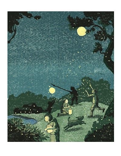 Taeeun Yoo. Firefly Night, Lightning Bugs, Moon Art, Childrens Illustrations, Woodblock Print, Children's Book Illustration, Firefly, Book Illustration, Asian Art