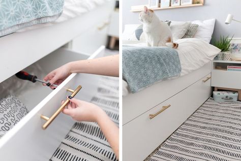 Brimnes Bed, Murphy Bed Ideas, Ikea Bed Hack, Ikea Malm Bed, Ikea Storage Hacks, Cama Ikea, Malm Bed, Murphy Bed Ikea, Hacks Ikea