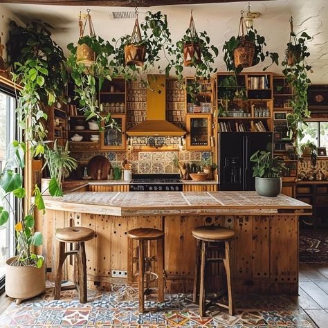 Kitchen Decor Plants Inspiration, Boho House Decor Kitchen, Apothecary Kitchen Aesthetic, Practical Magic Aesthetic Kitchen, Cottage Homes Interior Kitchens, Hobbitcore Home Decor, Pub Style Kitchen, Small Boho Kitchen Ideas, 70s Kitchen Aesthetic