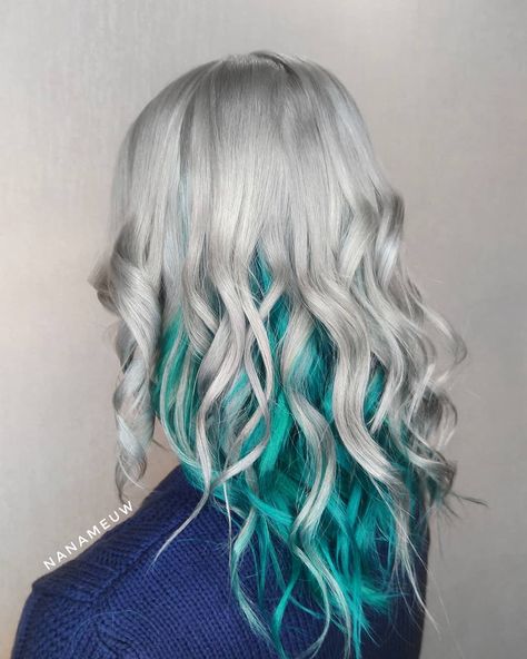 Silver And Color Hair, Silver And Teal Hair, Turquoise And Blonde Hair, Blonde And Turquoise Hair, Teal And Grey Hair, Silver Hair With Teal Highlights, Turquoise Blonde Hair, Silver And Green Hair, Blonde Hair With Blue Underneath