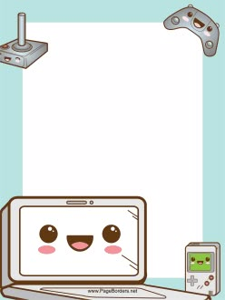 A laptop, joystick, video game controller, and Nintendo Gameboy illustrate the corners of this blue technology page border. Free to download and print. Computer Border Design, School Computer Lab, Computer Theme, Creative Book Covers, Teacher Posters, Baby Blue Wallpaper, Computer Projects, School Computers, Computer Class