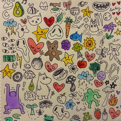 Cute Doodles To Paint, Indie Drawings Doodles Colorful, 2000s Doodles, Drawing Collage Doodles, Desk Doodles, Indie Doodles, Hippie Doodles, Doodles Colorful, Colourful Doodles