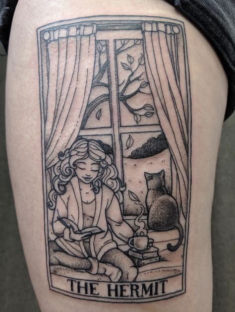 By Sarah Hale at White Raven in Westerville, OH Tarot Card Tattoo Hermit, Fairy Tarot Card Tattoo, Tarot Card Tattoo The Hermit, Library Card Tattoo, The Hermit Tarot Card Tattoo, Library Tattoo Ideas, Tarot Stencil, Hermit Tarot Card Tattoo, 1692 Tattoo