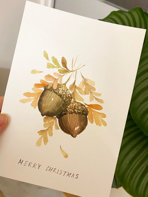 Autumn Watercolour Illustrations, Thanksgiving Watercolor Ideas, Watercolor Thanksgiving Cards, November Painting Ideas, Fall Watercolor Cards, Acorn Watercolor, November Watercolor, Skulls Animal, Thanksgiving Watercolor