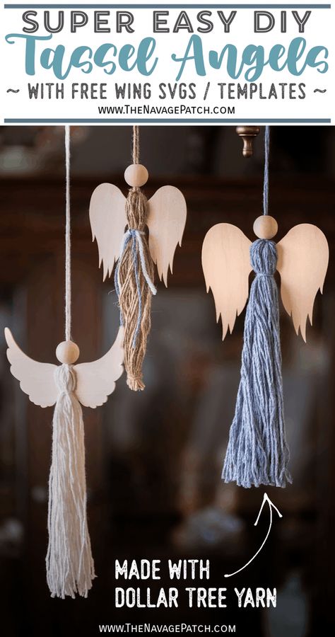 DIY Tassel Angels - with free templates and SVGs| How to make tassel angels | Free printable pattern for angel wings | Free angel wing SVGs | DIY tassel angels for under $2 | Easy DIY tassel angel ornaments | Easy DIY Christmas decorations | How to make easy angel ornaments | Easy DIY Christmas decor | #TheNavagePatch #FreeSVG #EasyDIY #DIYChristmasCrafts #DIYAngel #DollarStore #DollarStoreCrafts #DollarTreeDIY #CricutMade #Cricut | TheNavagePatch.com Easy Angel Ornaments, Tassel Angels, Angel Ornaments Diy, Diy Christmas Angel Ornaments, Diy Angel Ornaments, Diy Angel Wings, Christmas Angel Crafts, Angel Wing Ornaments, Diy Angels